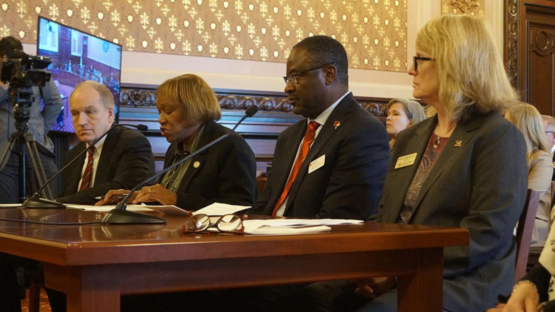 From left, Southern Illinois University System President Dan Mahony, along with Chicago State University President “Z” Scott, Illinois State University President Aondover Tarhule, and Western Illinois University President Kristi Mindrup testify before a Senate committee in favor of a bill creating a new funding formula for the state’s public universities. (Peter Hancock / Capitol News Illinois)