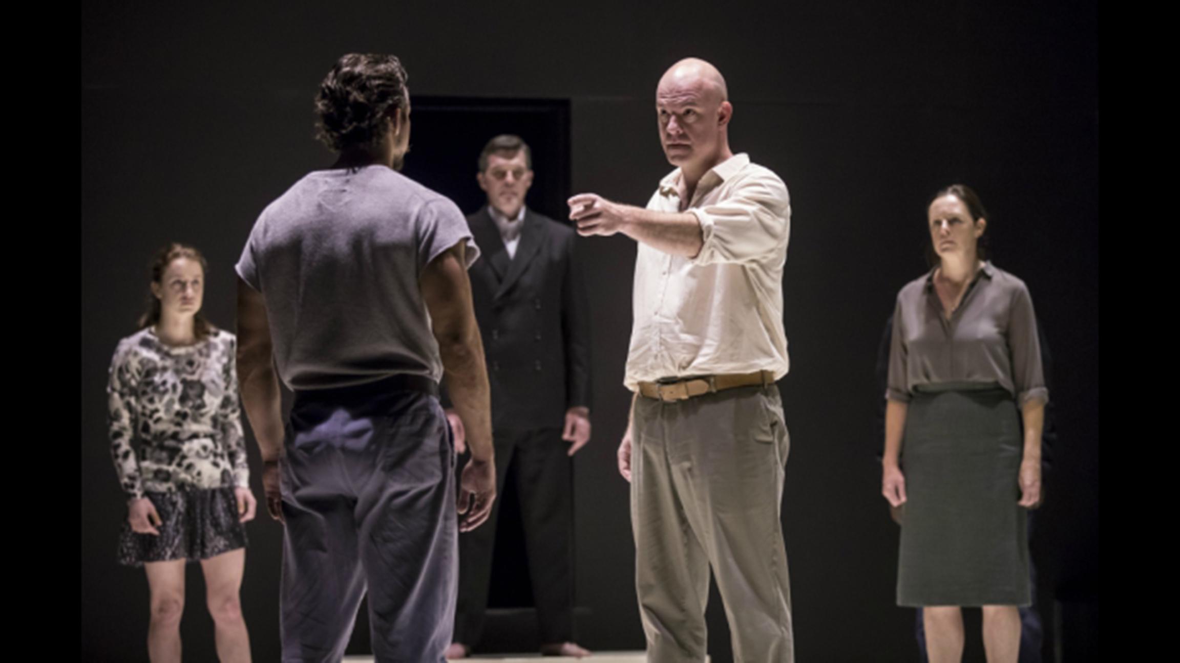 Ian Bedford (Eddie), Catherine Combs (Catherine), Brandon Espinoza (Marco), James D. Farruggio (Officer), and Andrus Nichols (Beatrice) in “A View From the Bridge” by Arthur Miller, directed by Ivo van Hove.