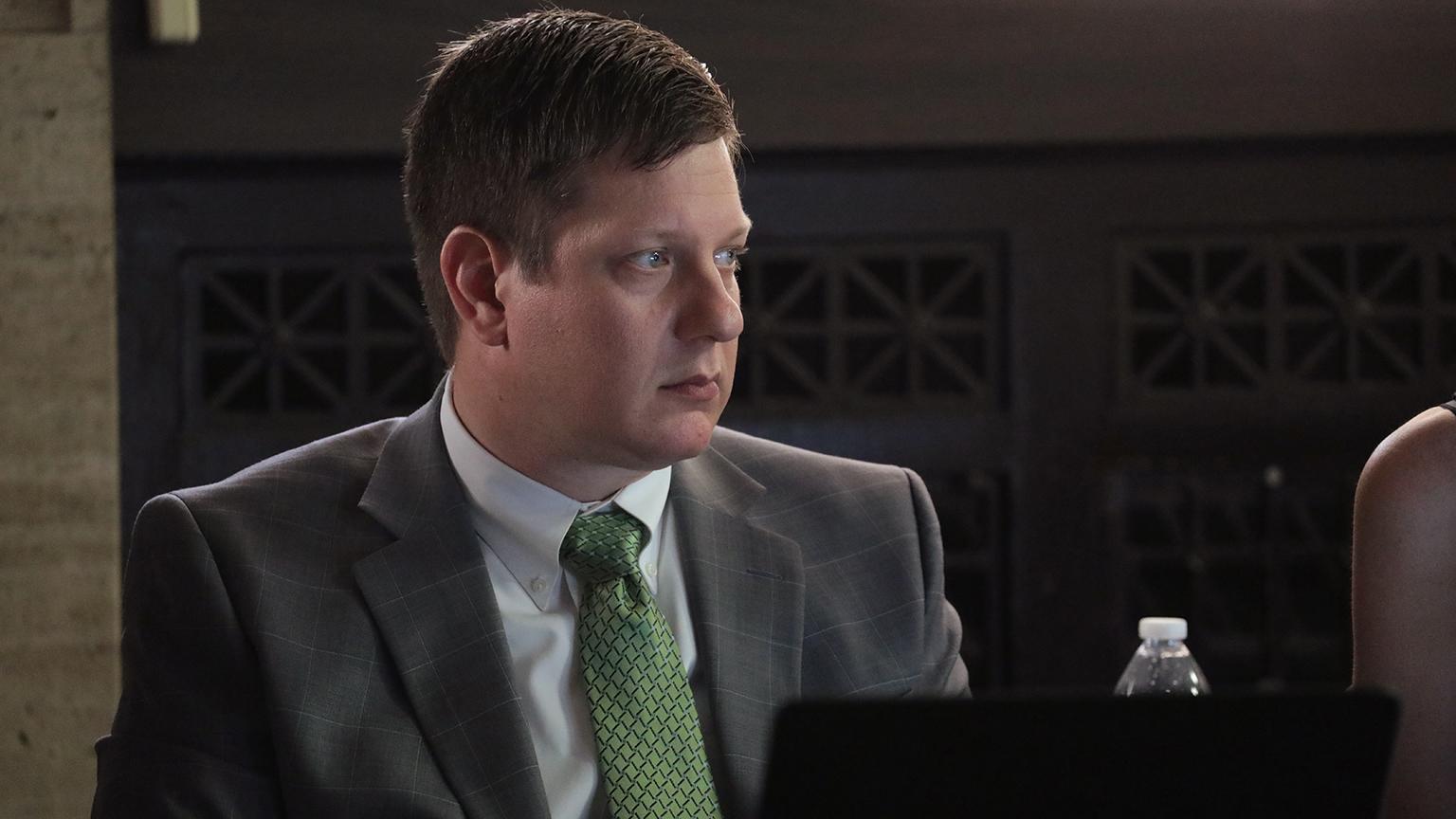 Chicago police Officer Jason Van Dyke listens during the fourth day of trial on Thursday, Sept. 20, 2018. (Antonio Perez / Chicago Tribune / Pool)