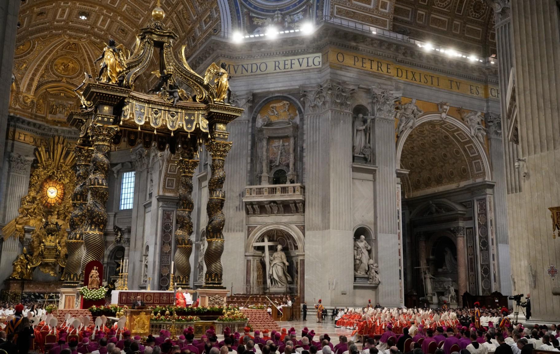 Cardinals, with white mitre hats, attend a final Mass inside St. Peter's Basilica, before the conclave to elect a new pope, at the Vatican, Wednesday, May 7, 2025. (AP Photo / Gregorio Borgia)