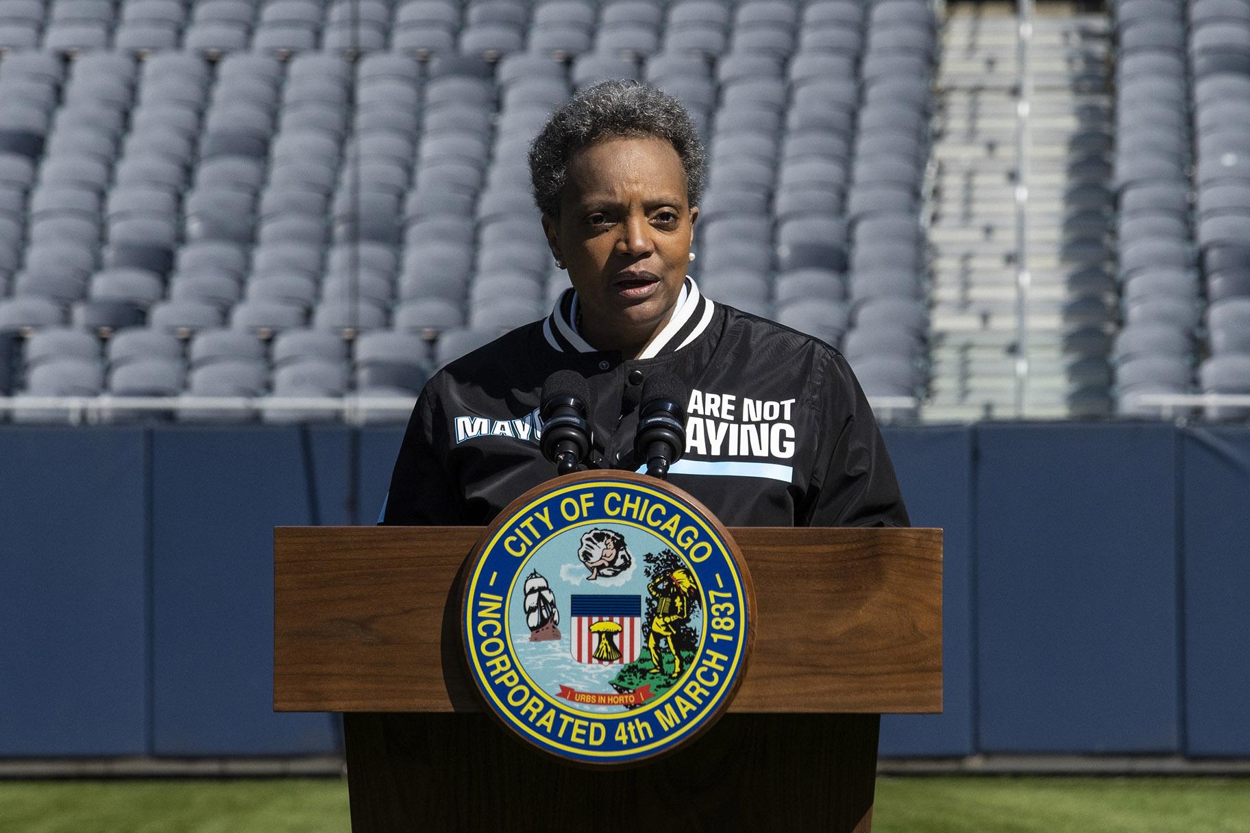 Mayor Lori Lightfoot announces the “We Are Not Playing” campaign during a press conference at Soldier Field, Monday morning, April 6, 2020, in Chicago.(Ashlee Rezin Garcia / Chicago Sun-Times via AP)