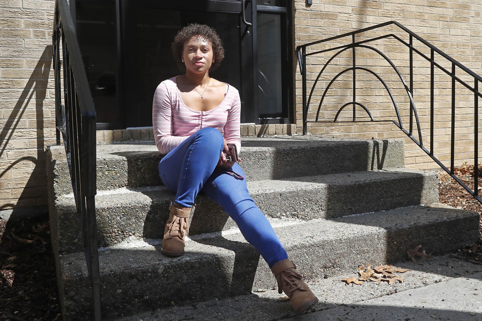Jade Brooks at her apartment, Tuesday, March 31, 2020, in Boston. (AP Photo / Elise Amendola)