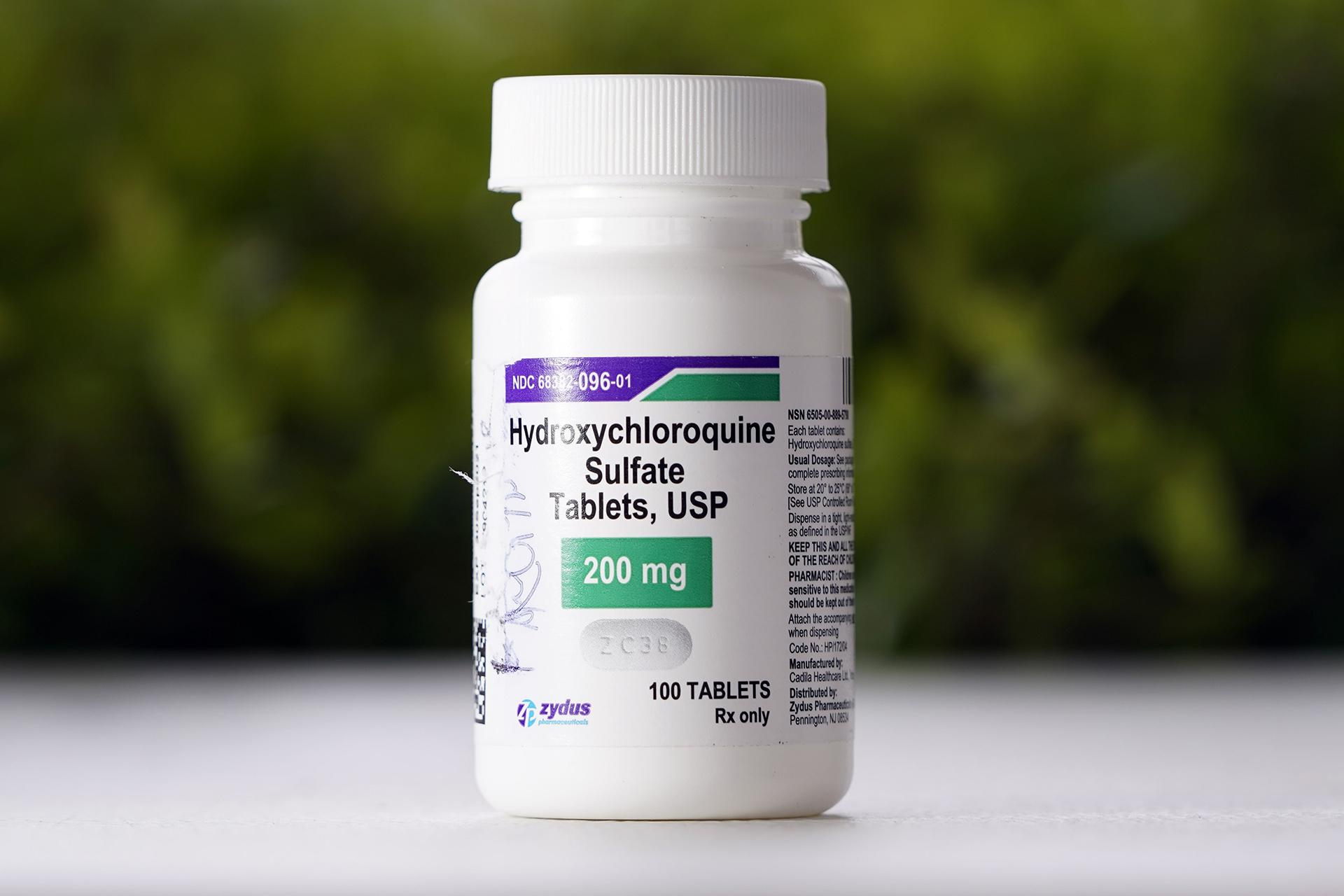 This April 7, 2020 file photo shows a bottle of hydroxychloroquine tablets in Texas City, Texas. (AP Photo / David J. Phillip, File)