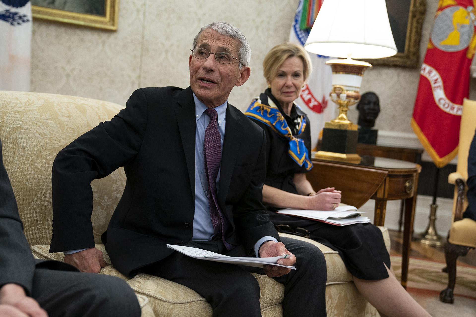 White House coronavirus response coordinator Dr. Deborah Birx listens as director of the National Institute of Allergy and Infectious Diseases Dr. Anthony Fauci speaks during a meeting between President Donald Trump and Gov. John Bel Edwards, D-La., about the coronavirus response, in the Oval Office of the White House, Wednesday, April 29, 2020, in Washington. (AP Photo / Evan Vucci)