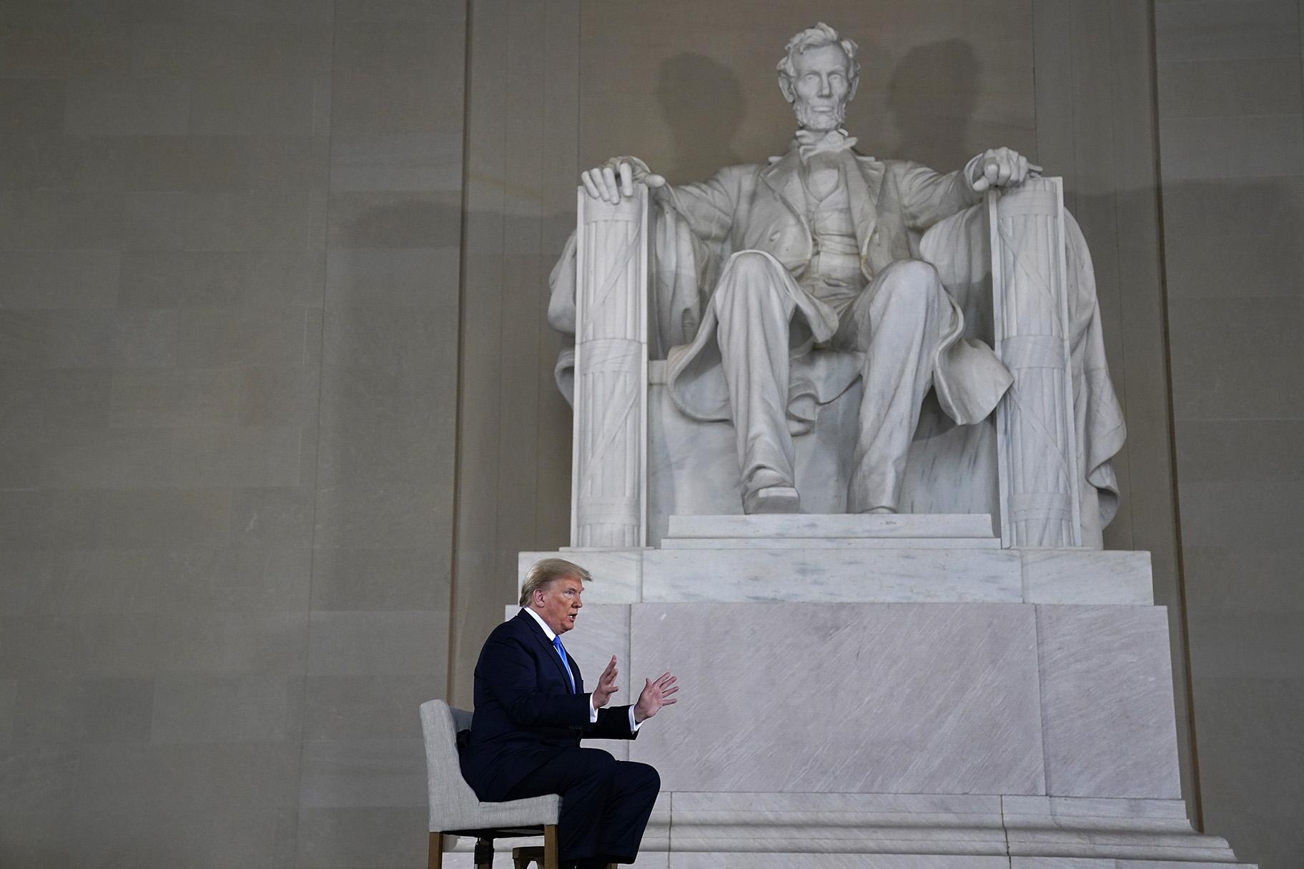 President Donald Trump speaks during a Fox News virtual town hall from the Lincoln Memorial, Sunday, May 3, 2020, in Washington. (AP Photo / Evan Vucci)