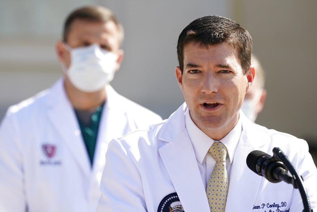 Dr. Sean Conley, physician to President Donald Trump, briefs reporters at Walter Reed National Military Medical Center in Bethesda, Md., Sunday, Oct. 4, 2020. Trump was admitted to the hospital after contracting the coronavirus. (AP Photo / Jacquelyn Martin)