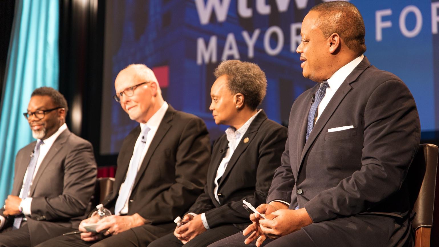 Candidates Cook County Commissioner Brandon Johnson, Paul Vallas, Mayor Lori Lightfoot and Ald. Roderick Sawyer (6th Ward) at the WTTW News mayoral forum on Feb. 7, 2023. (Michael Izquierdo)