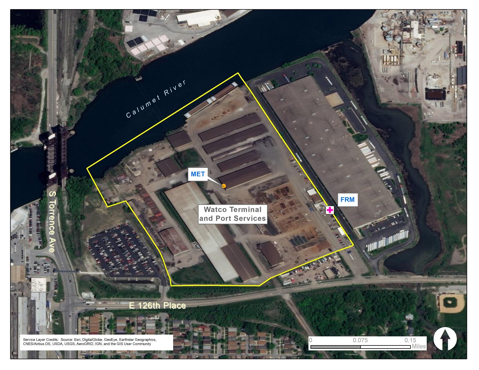 An aerial image showing the location air monitors at Watco’s Chicago storage facility (U.S. Environmental Protection Agency) 