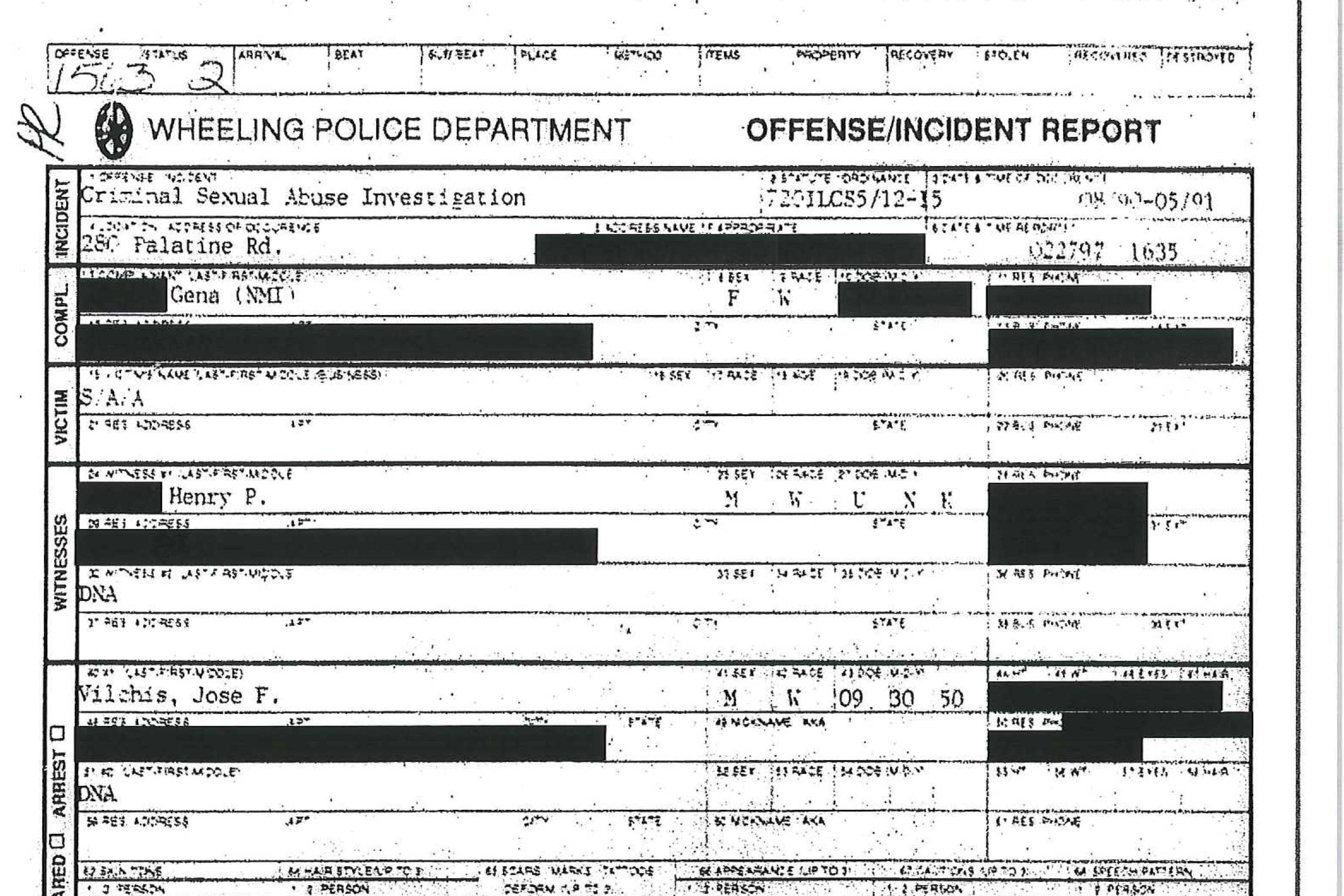 Page one of Gena Romagnoli’s 1997 police report (redactions by Wheeling Police and Chicago Tonight)