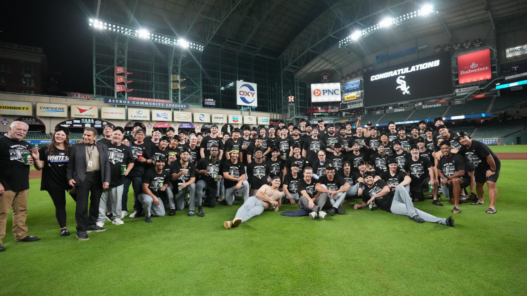 Chicago White Sox players and staff pose for a photo after winning baseball's American League Wild Card Series against the Houston Astros, Wednesday, Sept. 30, 2026, in Houston. (AP Photo / Karen Warren)