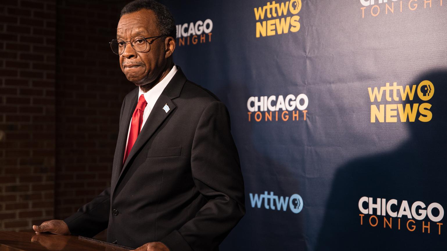 Businessman Willie Wilson, a candidate for Chicago mayor, speaks at a press conference after the WTTW News Mayoral Forum on Feb. 7, 2023. (Michael Izquierdo / WTTW News)