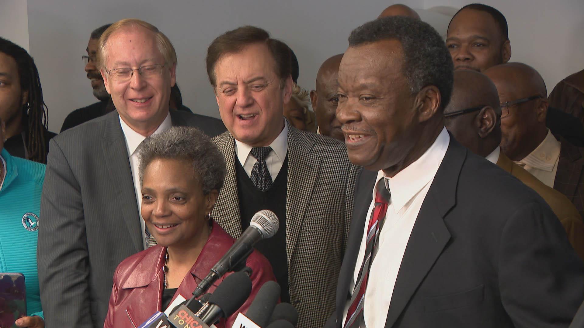 Willie Wilson announces his endorsement of Lori Lightfoot for mayor on March 8, 2019. (Chicago Tonight)