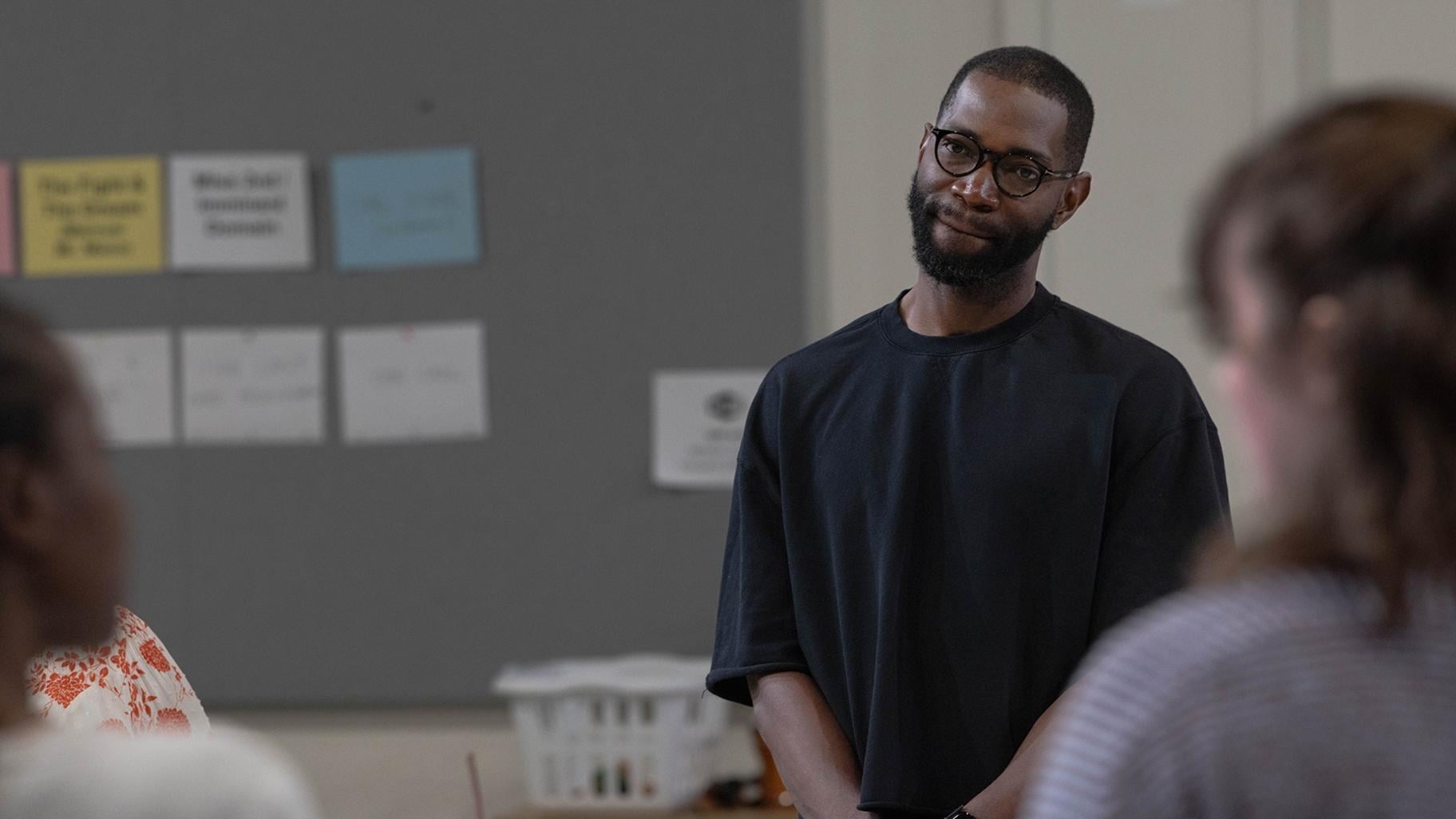 Playwright/ensemble member Tarell Alvin McCraney in rehearsal for Steppenwolf Theatre Company’s world premiere of “Windfall.” (Jeremy Williams)