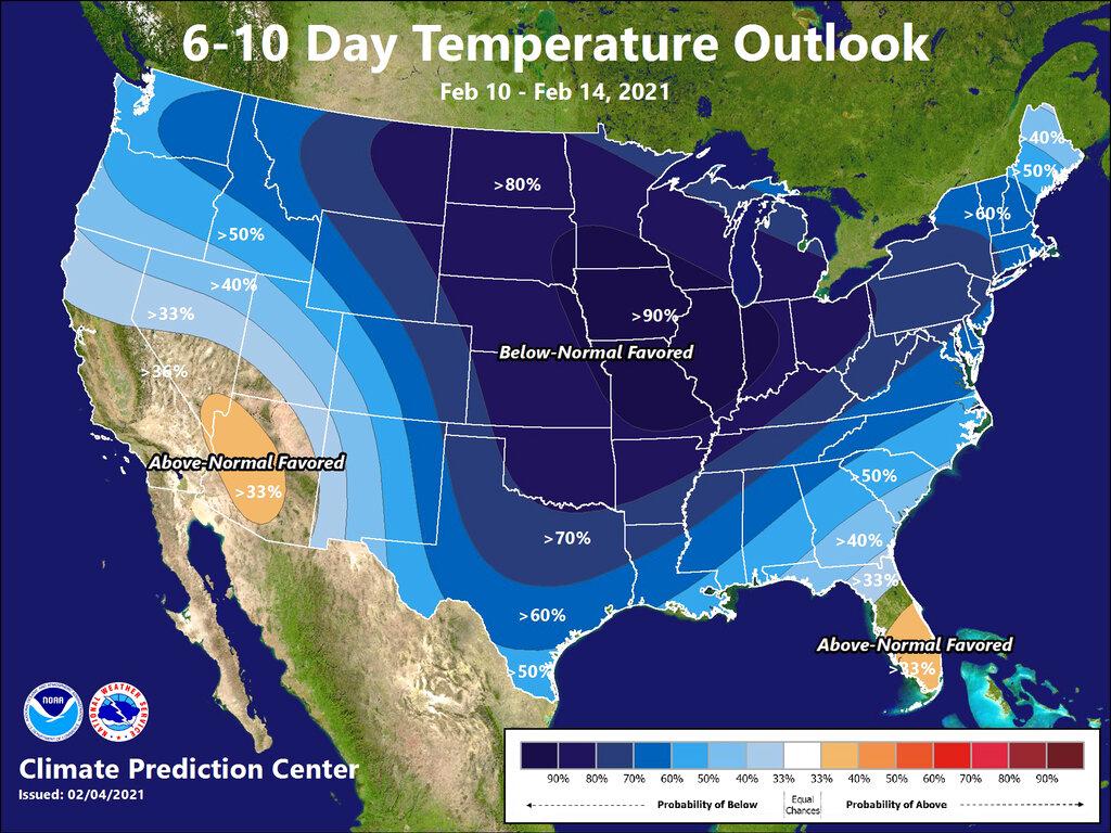 This illustration made available by the National Weather Service on Thursday, Feb. 4, 2021 shows a Feb. 10-14 forecast for below-normal temperatures for large parts of the United States. (National Weather Service via AP)