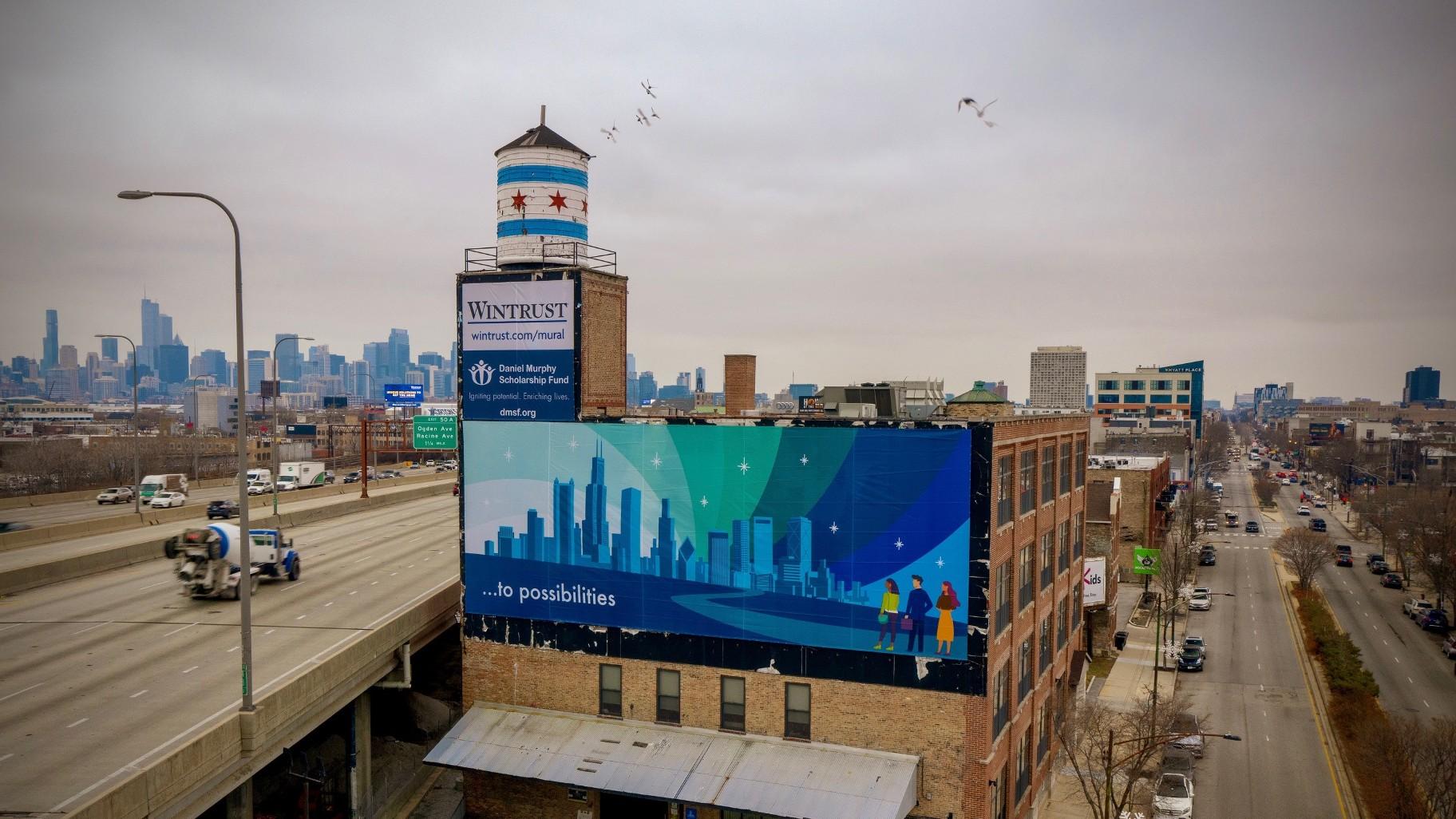 A view of the Wintrust mural along the Kennedy Expressway at North Avenue. (WTTW News)