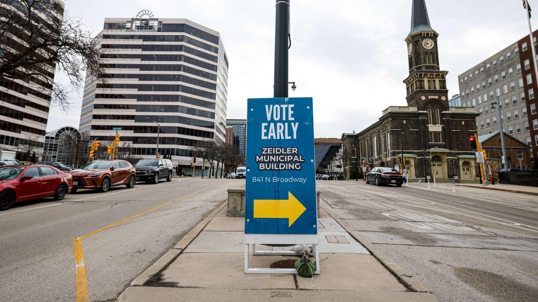 A sign along a street in Milwaukee, Wis., Tuesday, March 18, 2025. (AP Photo/Jeffrey Phelps)