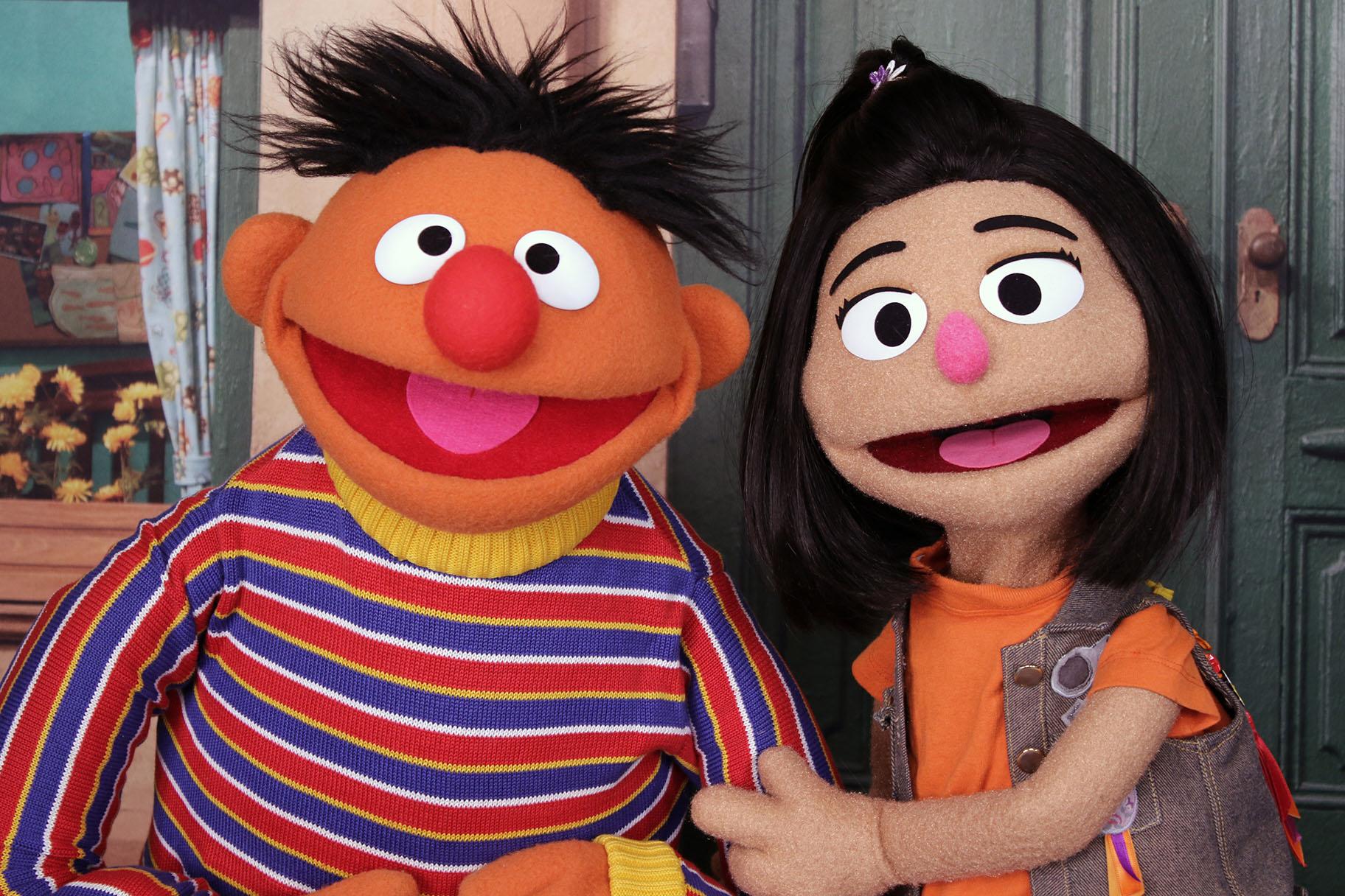 Ernie, a muppet from the popular children's series "Sesame Street," appears with new character Ji-Young, the first Asian American muppet, on the set of the long-running children's program in New York on Nov. 1, 2021. (AP Photo / Noreen Nasir, File) 