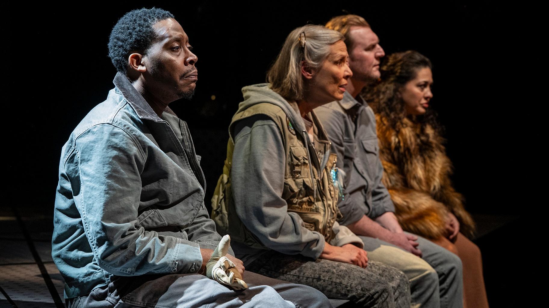 (left to right) Ensemble members Namir Smallwood, Amy Morton and Cliff Chamberlain with Sadieh Rifai in Steppenwolf Theatre’s Chicago premiere of “You Will Get Sick.” (Michael Brosilow)