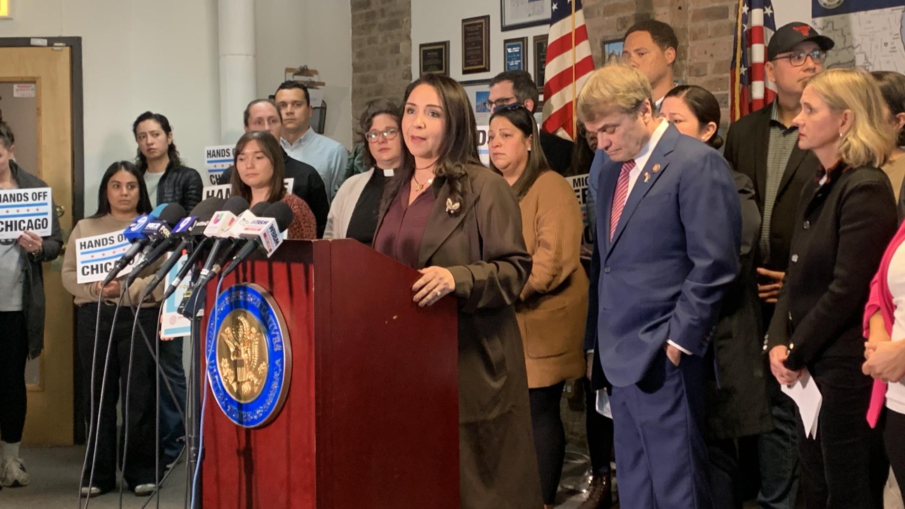 U.S. Rep. Delia Ramirez speaks during a news conference on Nov. 5, 2025, following the detainment of a Rayito de Sol Spanish Immersion Early Learning Center teacher by federal immigration officials. (Eunice Alpasan / WTTW News)