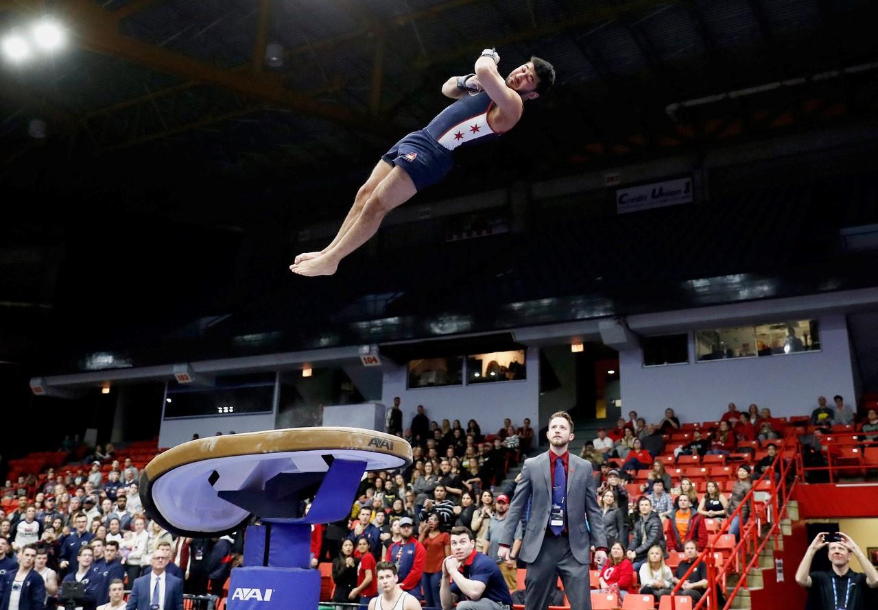 Asad Jooma competes in the NCAA Men's Gymnastics finals, hosted by UIC at the UIC Pavilion April 2018. (Courtesy of the University of Illinois at Chicago Men's Gymnastics Team) 