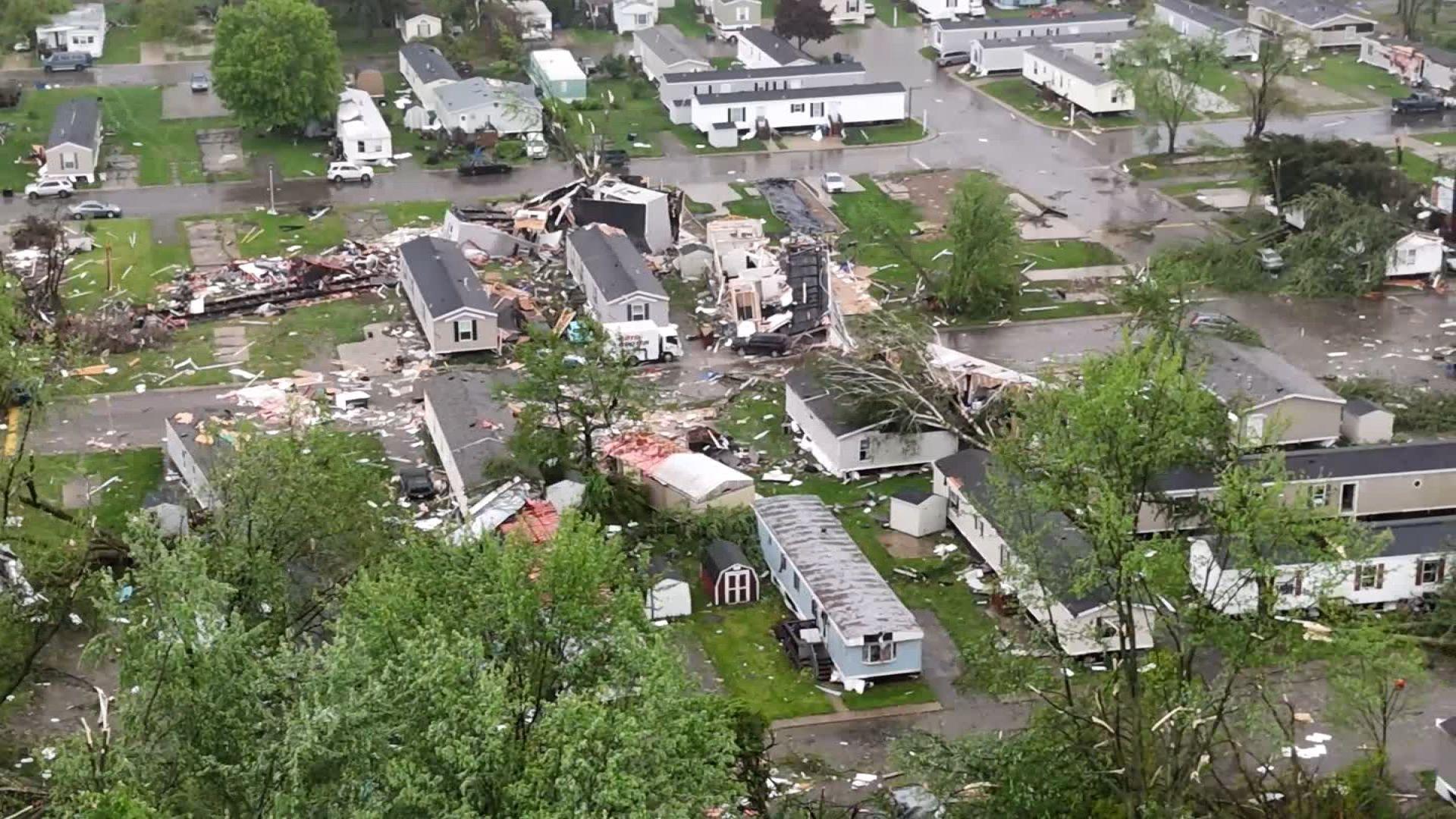 Homes are left damaged after a tornado at Pavilion Estate Mobile Home Park in Kalamazoo County, Michigan, on May 7, 2024. (Credit: Chicago & Midwest Storm Chasers via CNN Newsource)