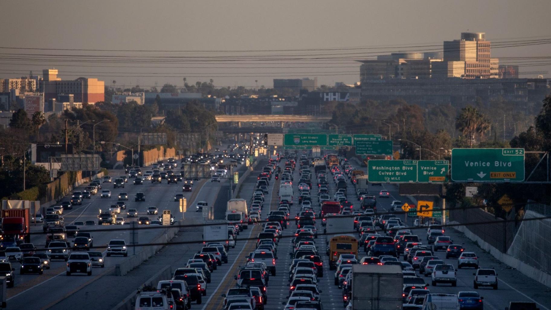 Traffic on the 405 Freeway on Feb. 13, 2026, in Los Angeles. (Apu Gomes / Getty Images via CNN Newsource)