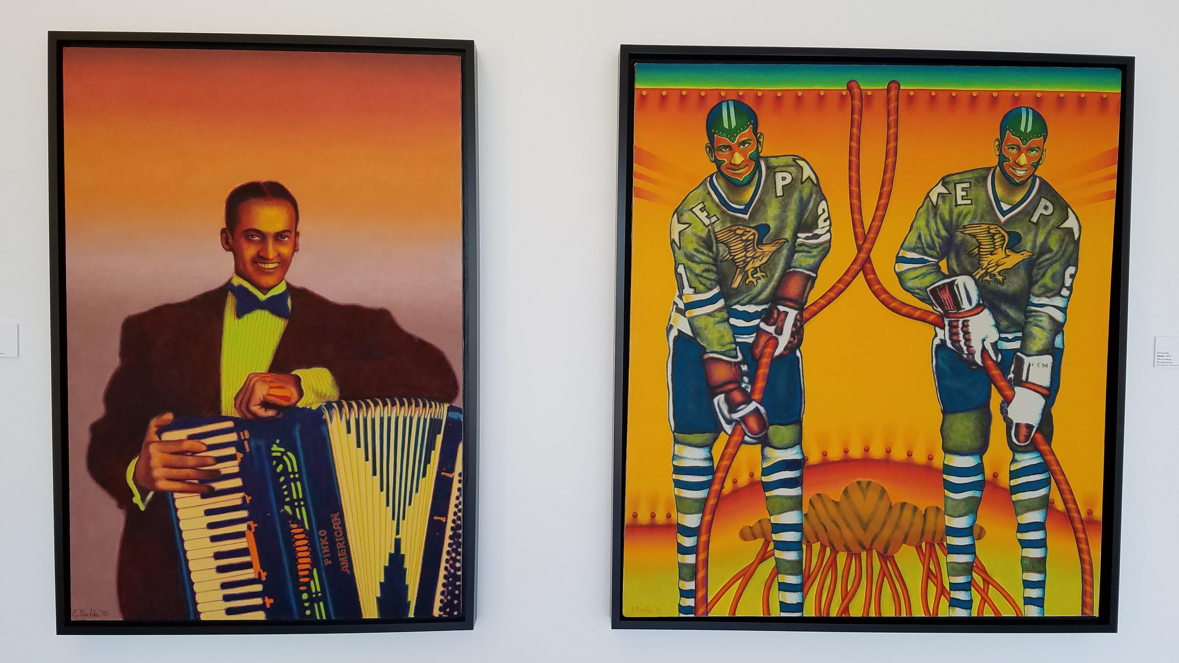 Two of the 19 pieces in the Ed Paschke exhibit currently on display. (Courtesy of Ed Paschke Art Center)
