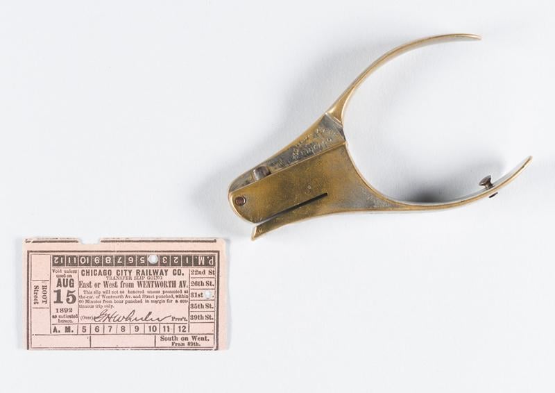 Ticket punch, c. 1890 and transfer ticket, 1892. (Courtesy of Chicago History Museum)