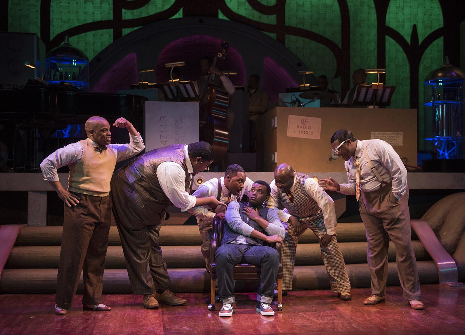From left: Darrian Ford, Lorenzo Rush Jr., Eric A. Lewis, Stephen “Blu” Allen, James Earl Jones II and Kelvin Roston Jr. star in the Court Theatre production of “Five Guys Named Moe.” (Credit: Michael Brosilow)