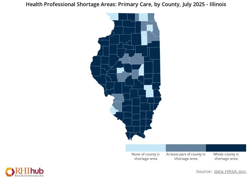 Map of Illinois counties with health professional shortages. (Credit: Rural Health Information Hub)