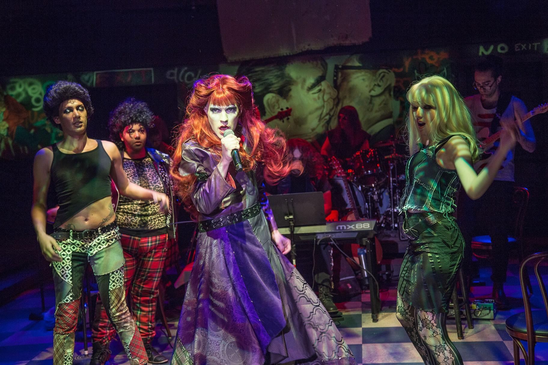 From left, front: Jacob Gilchrist, Brittney Brown, Will Lidke and Adriana Tronco in “Hedwig and the Angry Inch.” Background: The Angry Inch Band. (Photo by Austin D. Oie Photography)