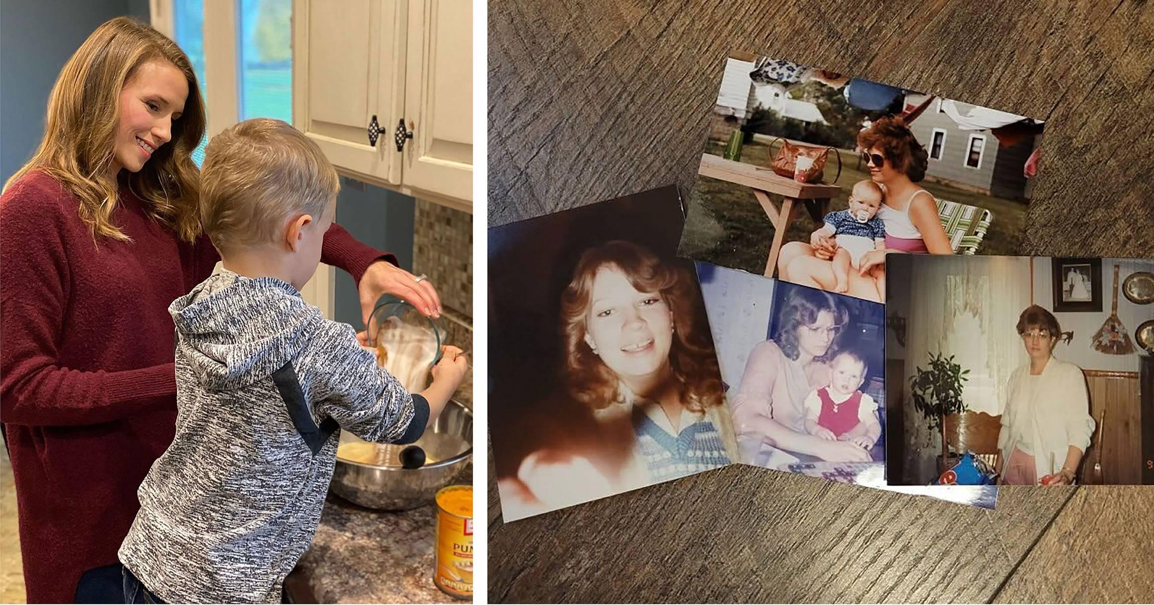 Left: Jessica Dilsaver-Sandusky and her son Calvin make pumpkin pie ahead of the Thanksgiving holiday. Right: Photos show Jessica Dilsaver-Sandusky's mother, Deb Scott, through the years. (Courtesy Jessica Dilsaver-Sandusky)