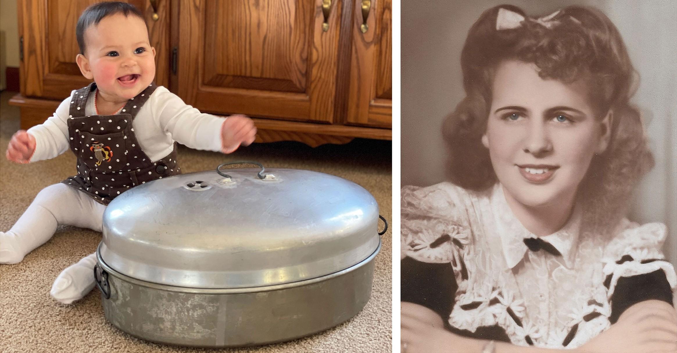 Left: Lorrie Jones’ granddaughter Julia with her great-grandma Julia’s turkey pan. Right: Jones’ mother Julia pictured prior to serving in World War II with the Women’s Army Corps. (Courtesy Lorrie Jones)