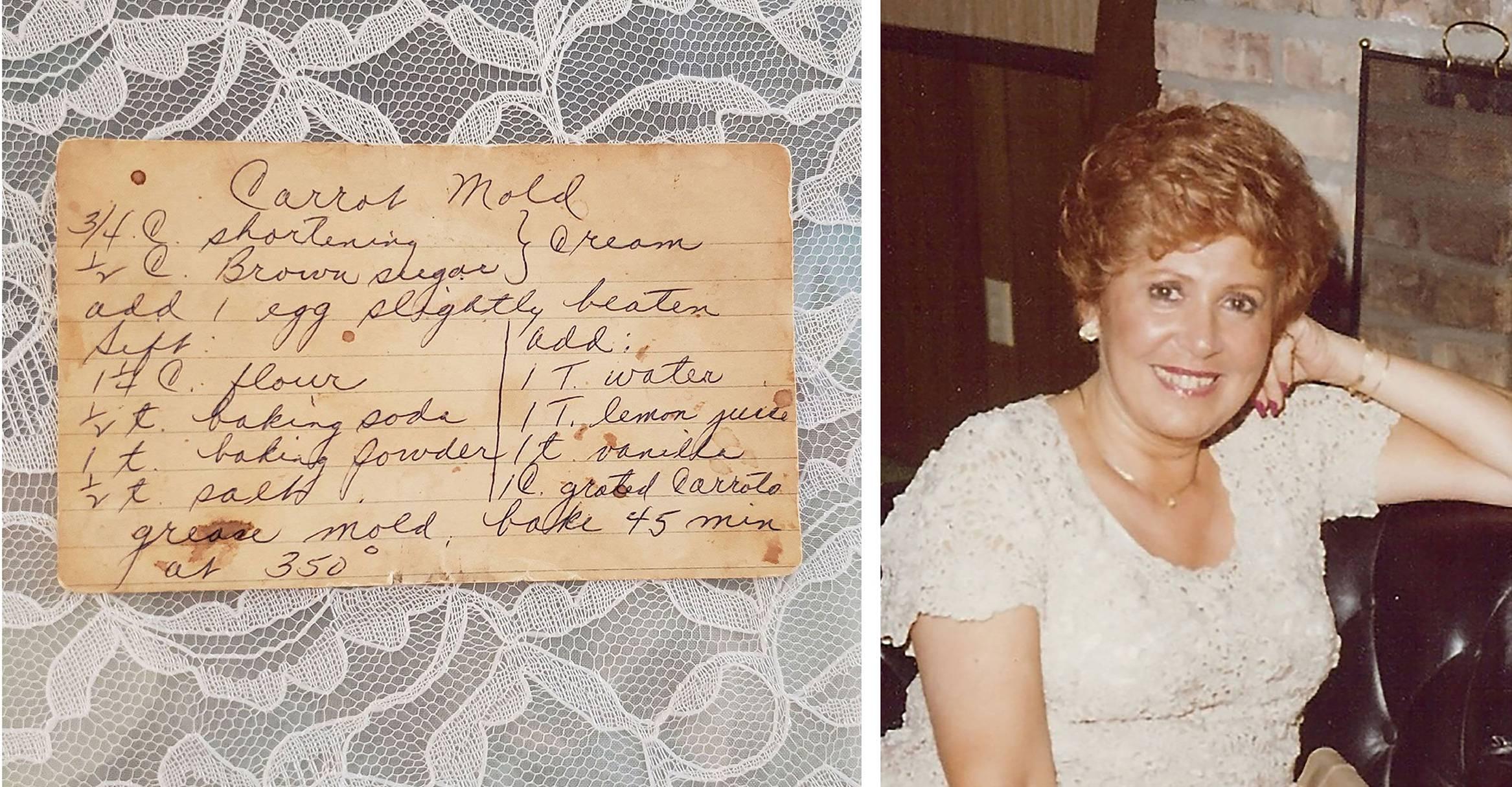 Left: Sue Trock’s mother, who passed away in 2007, wrote the recipe for her Carrot Mold on this card nearly 50 years ago. Although it is worn, it is a cherished reminder of her mom. Right: A family photo of Trock's mother, Clara Berkowitz. (Courtesy Sue Trock)