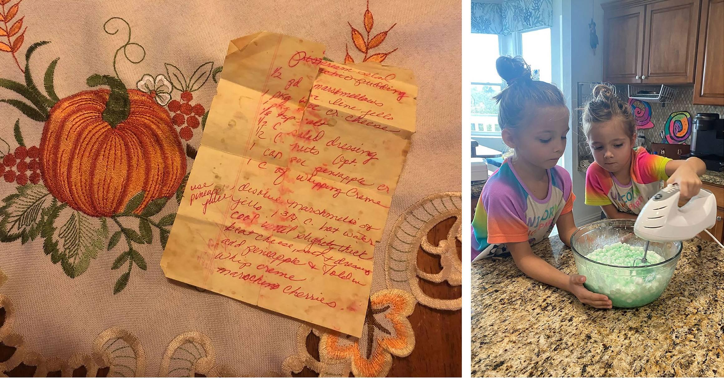 Left: The dream salad recipe, written down by Lisa Baldacci over 40 years ago. Right: Baldacci's twin granddaughters, Alora and Luna Billig, 6, cook the dream salad. (Courtesy Lisa Baldacci)