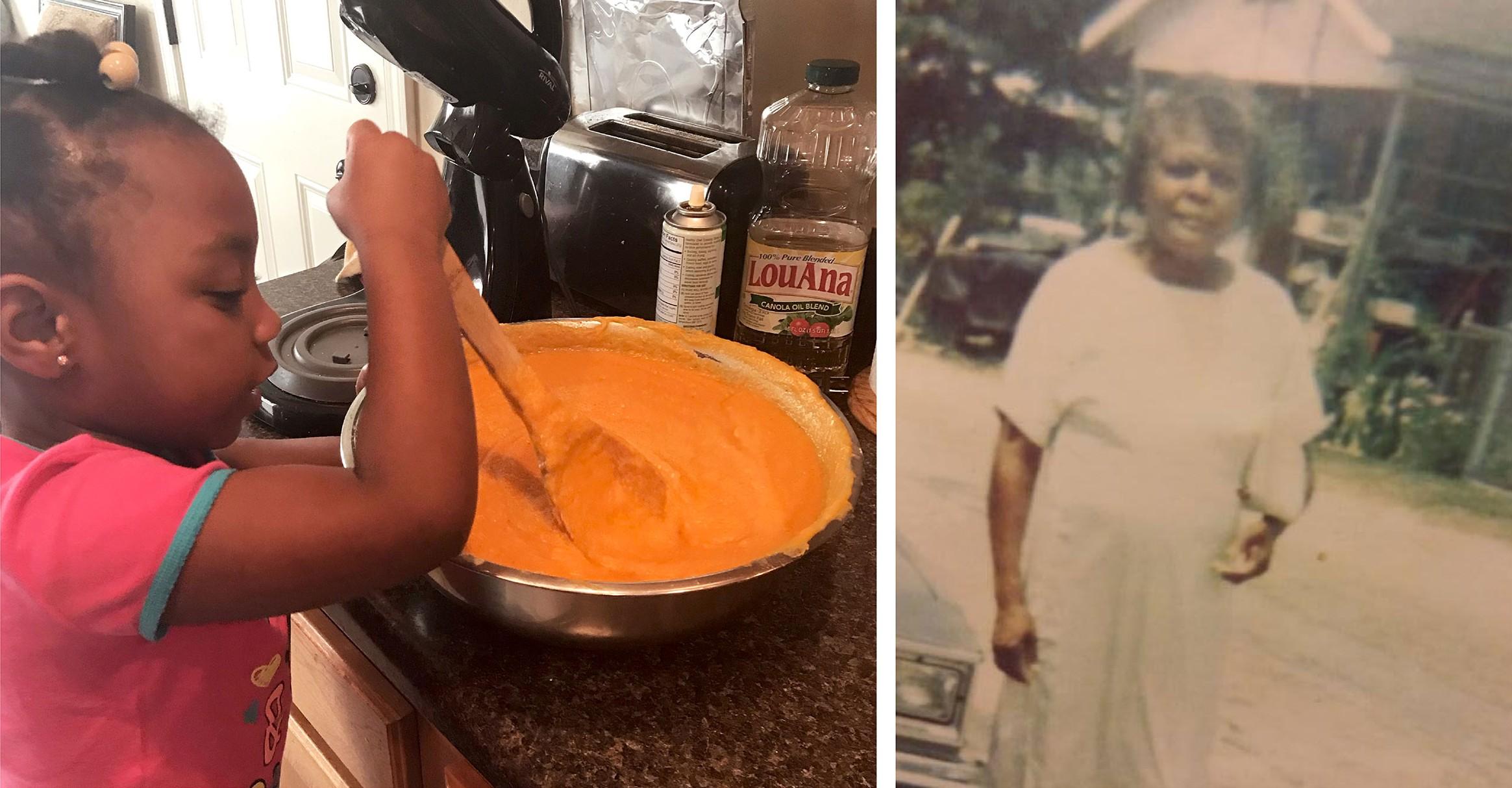 Left: Linda Fantroy’s granddaughter Madisyn Smith, 7, helps make sweet potato pie in 2018. Right: Fantroy’s mother, Catherine Davis, pictured in front of her family's store in the late 1960s. (Courtesy Linda Fantroy)