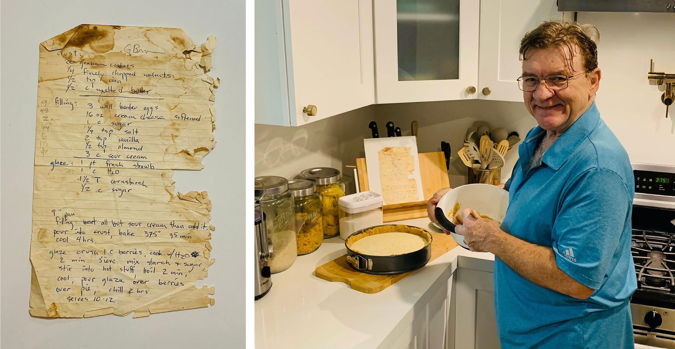 Left:  The original recipe given to Gary Brown in 1981. Right: Brown cooks his cheesecake at his home the weekend before Thanksgiving in 2021. (Courtesy Stephanie Cosby)