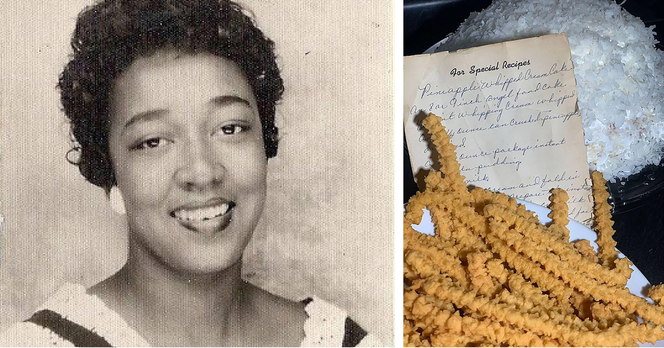 Left: Toni Robinson’s mother Delia King. Right: King’s original snowball cake recipe sits between cheese straws and a snowball cake. (Courtesy Toni Robinson)