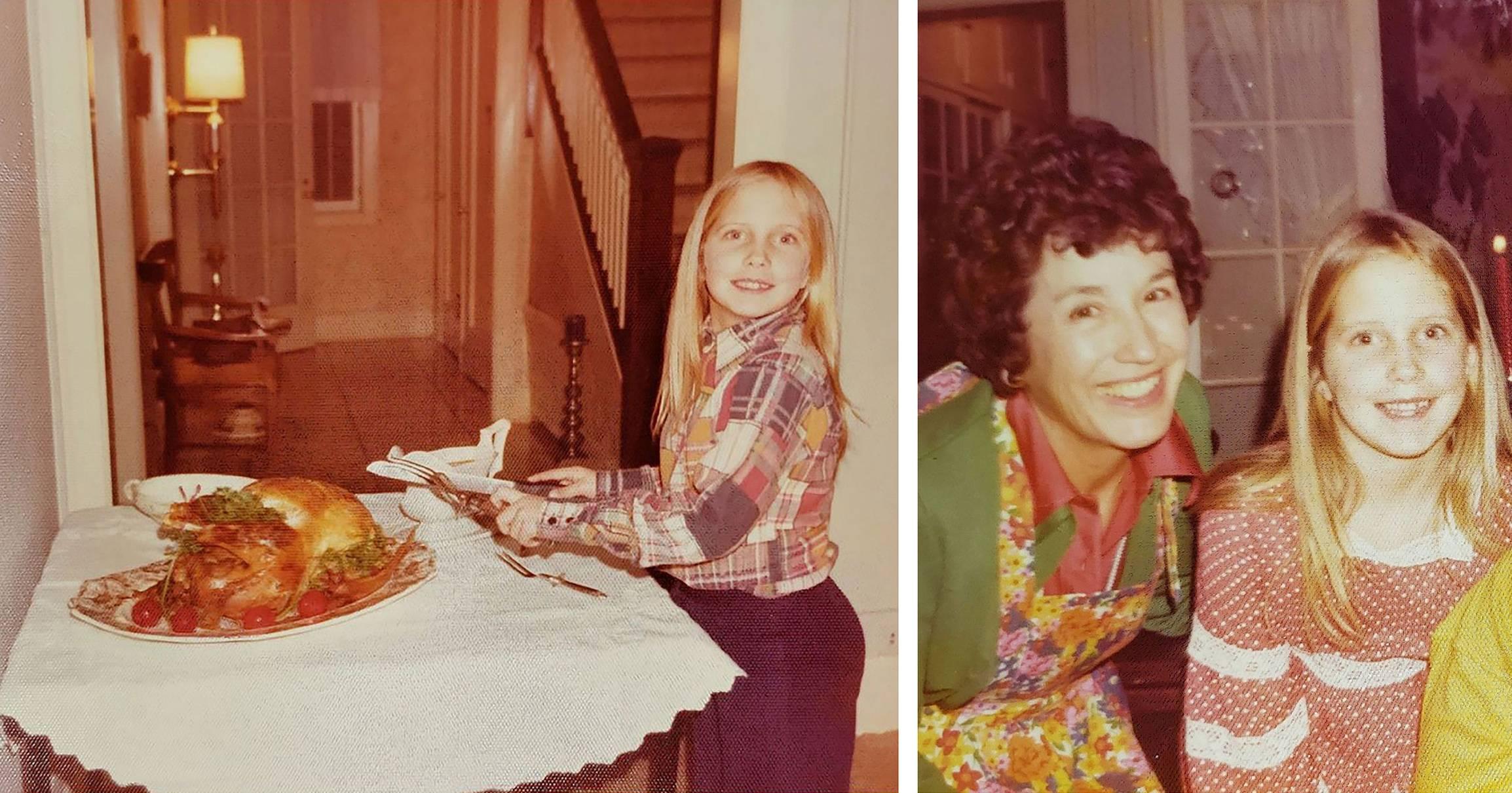 Left: Amy Rafferty and the turkey stuffed with sage dressing in 1976. Right: Rafferty’s grandmother, Mary Ann Smith, in her apron, taking a break from making a holiday dinner. (Courtesy Amy Rafferty)
