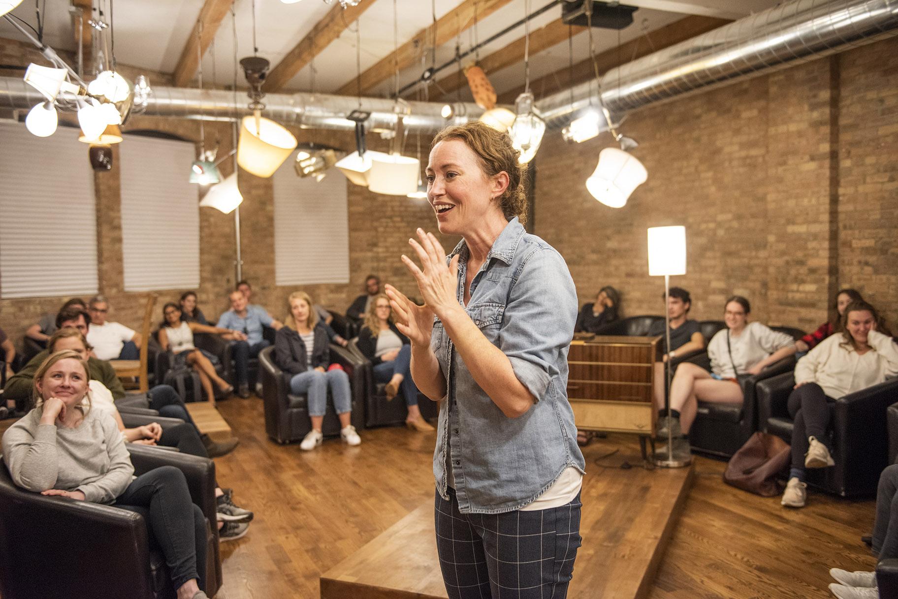 Rebecca Spence with audience members in “Every Brilliant Thing.” (Photo credit: Michael Brosilow)