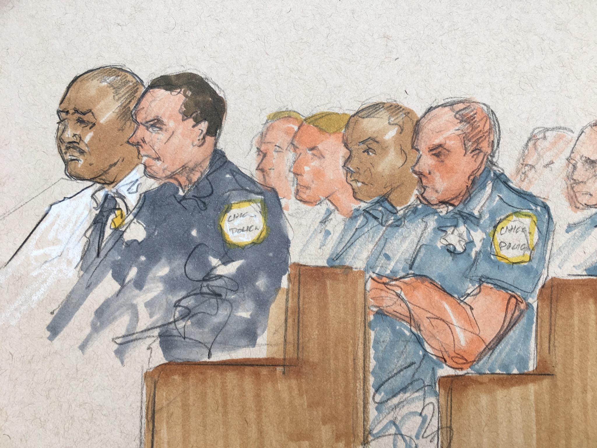 Police Superintendent Eddie Johnson, left, and police officers at Thursday’s hearing. (Thomas Gianni sketch)