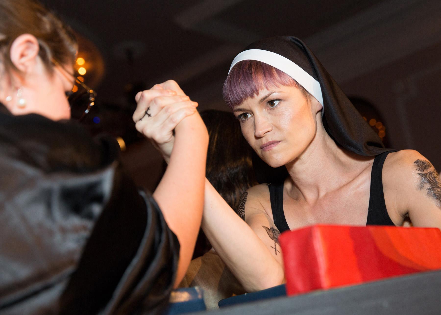 Caption: “Ruth Bader Gunsberg” and “Second to Nun” compete at the CLAW XXV match at Logan Square Auditorium (Courtesy of Trainman Photography)