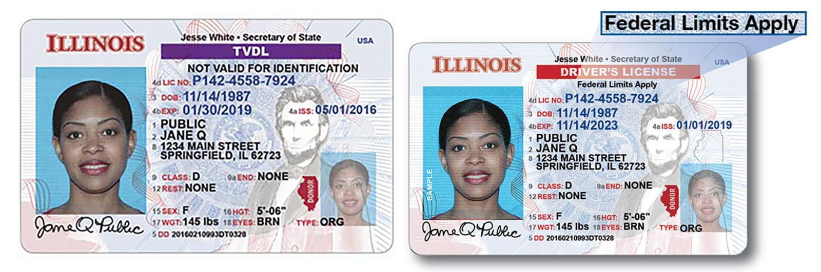 At left is the Temporary Visitor Driver’s License and at right is the standard licenses that all noncitizen residents of Illinois can receive, provided they meet residency and insurance requirements. (Illinois Secretary of State)