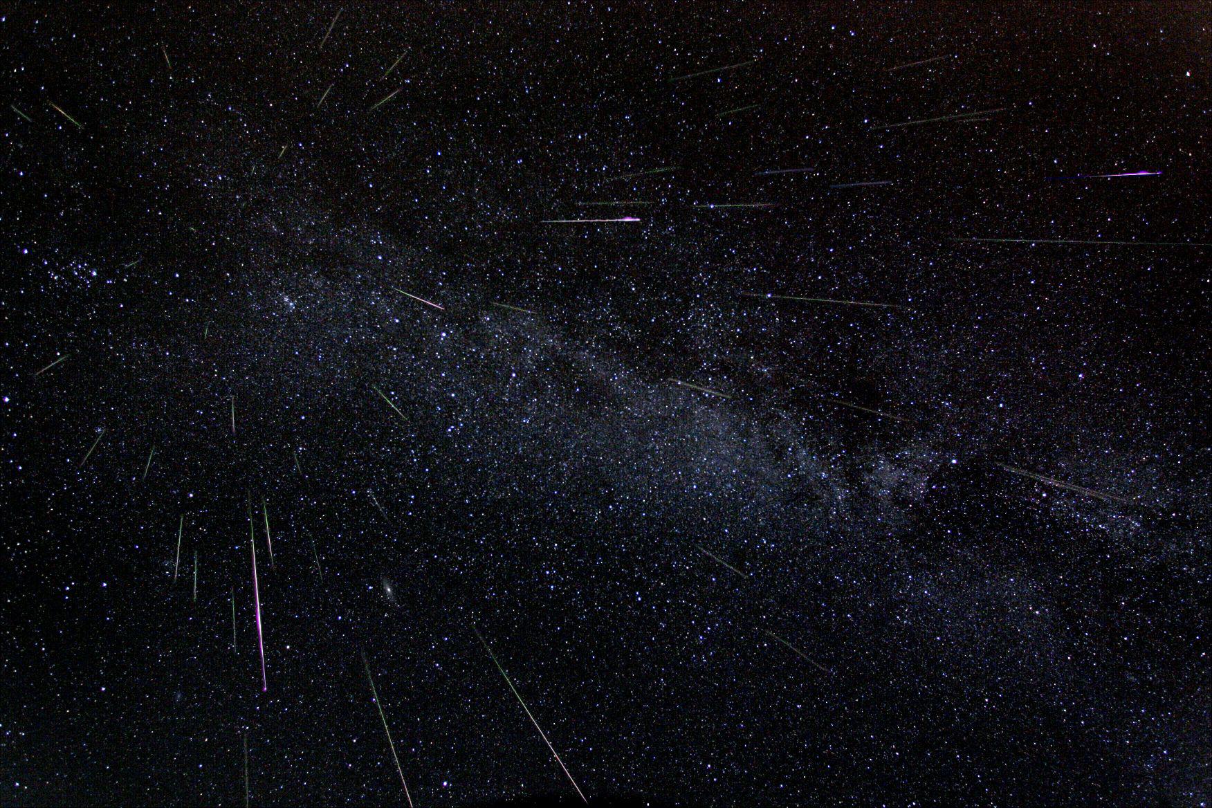 Astronomer Fred Bruenjes recorded a series of 30-second long exposures spanning about six hours on two August nights in 2004 using a wide-angle lens. Combining those frames, which captured meteor flashes, he produced this dramatic view of the Perseids of summer. There are 51 Perseid meteors in the composite image, including one seen nearly head-on. (NASA / Fred Bruenjes)