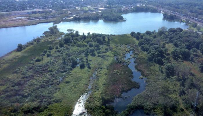 An aerial view of Powderhorn Lake and marsh. (Courtesy of Forest Preserves of Cook County)