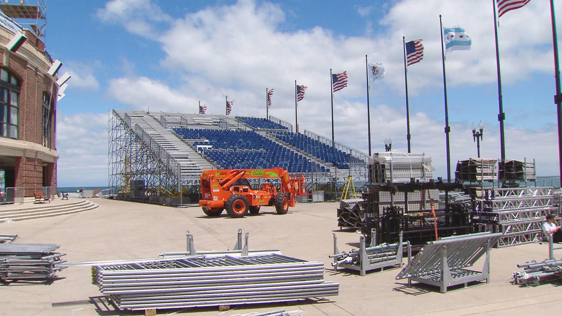 Crews set up the grandstand at Navy Pier.