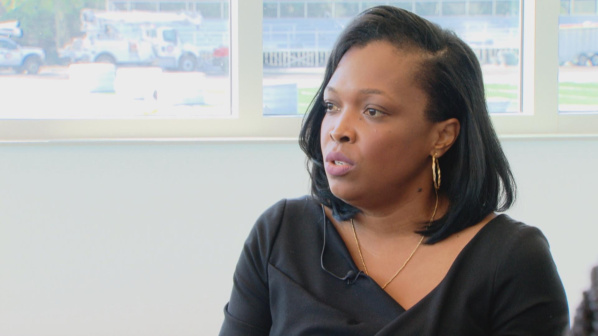 Days before its official opening, CPS CEO Janice Jackson speaks with the media inside the new Englewood STEM High School. (WTTW News)