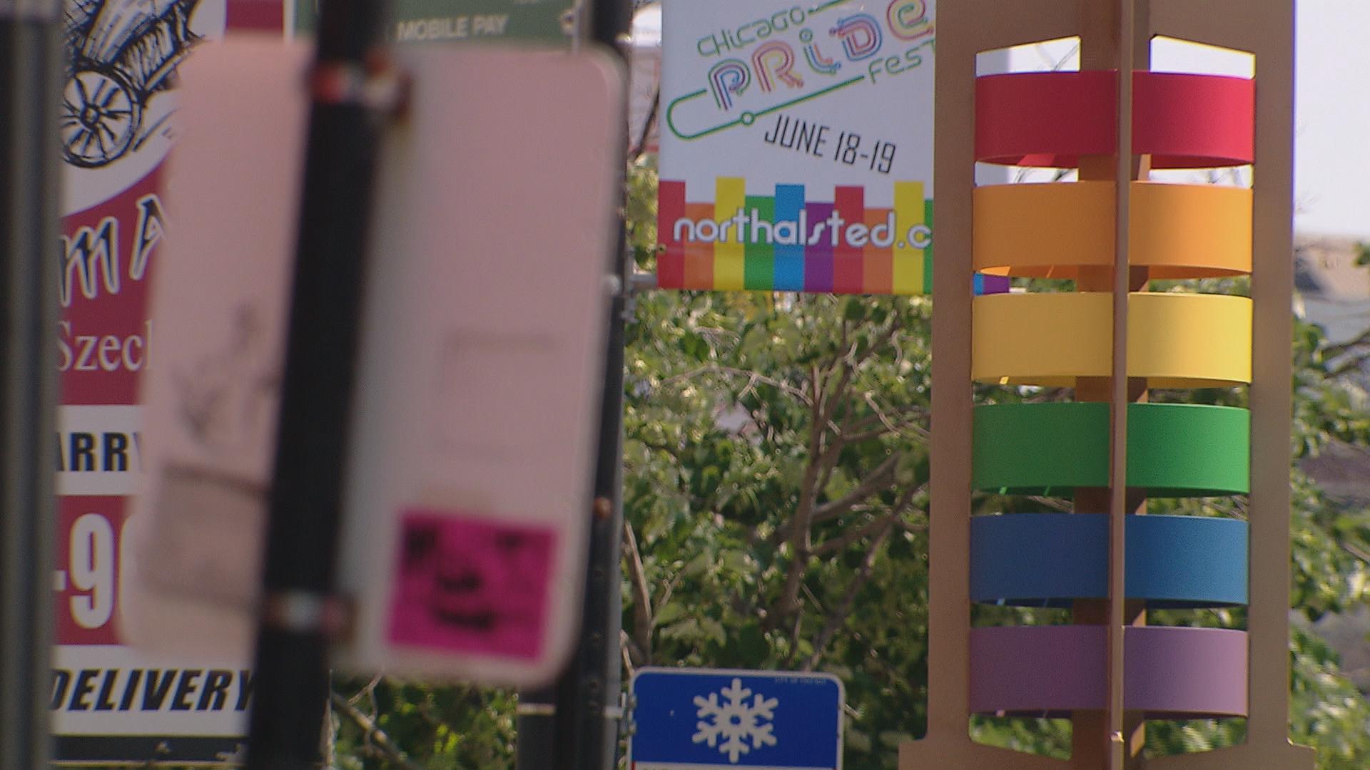 A sign promoting Chicago's annual Pride Fest is seen in Boystown a day after the Orlando mass shooting at a gay club. Mayor Rahm Emanuel said Monday that Chicago’s celebration of pride will go on as planned.