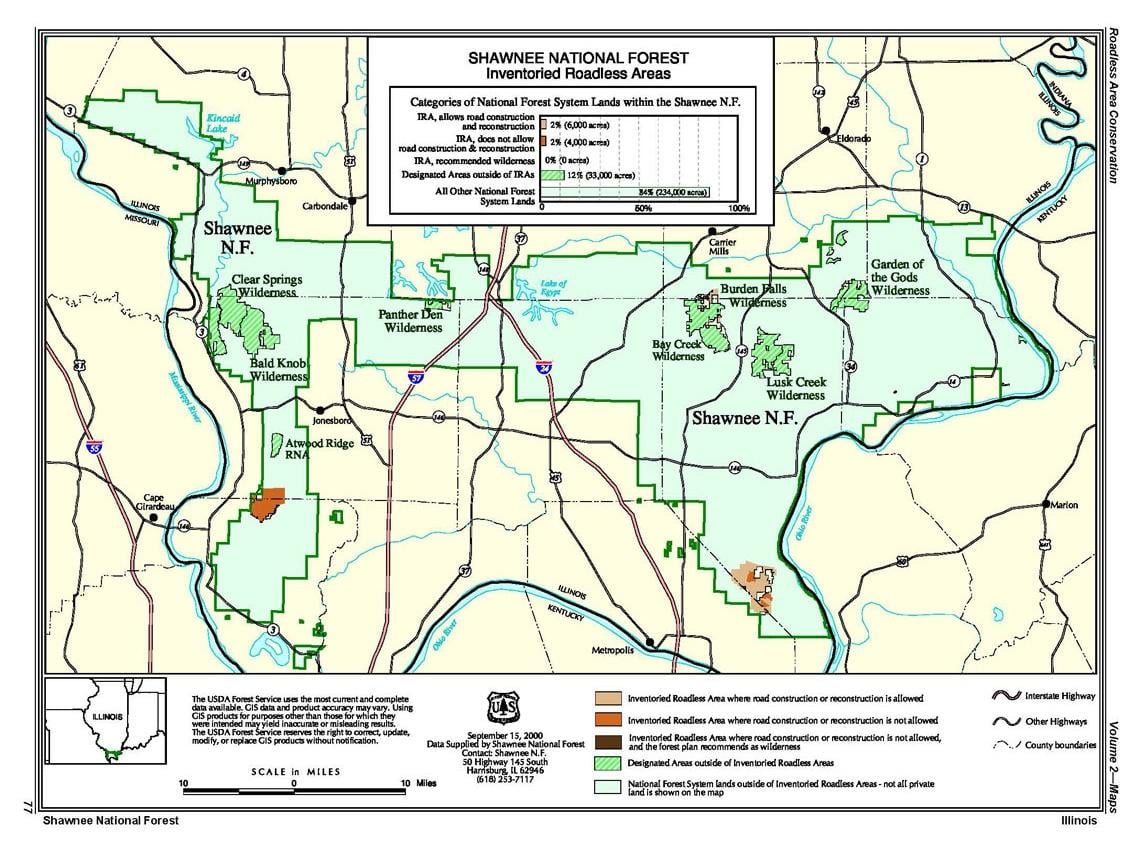 A U.S. Department of Agriculture map shows the existing Roadless areas within the Shawnee National Forest.