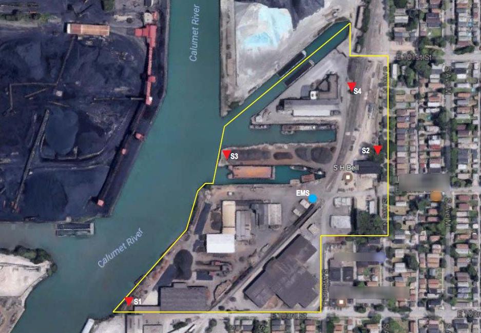 Red and blue markers illustrate where five air monitors were installed this spring at S.H. Bell’s Southeast Side facility. The monitors found high levels of manganese, prompting the EPA to cite the company with violations of the Clean Air Act. (Environmental Protection Agency)